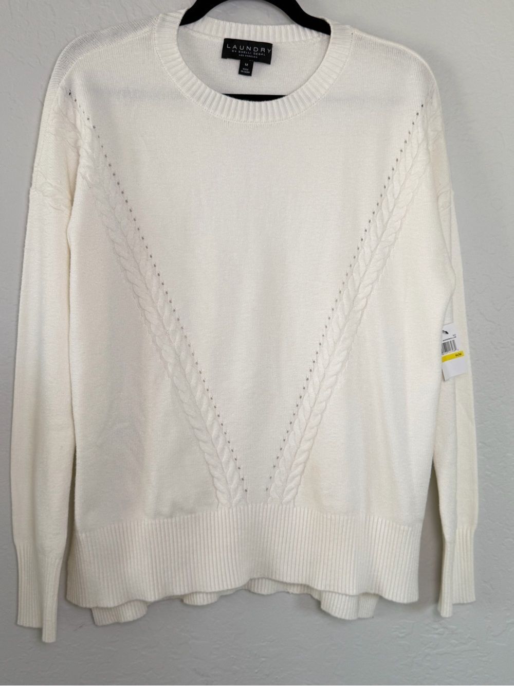 Laundry By Shelli Segal Cream Cable Trim Knit Crewneck Sweater Size Medium NWT